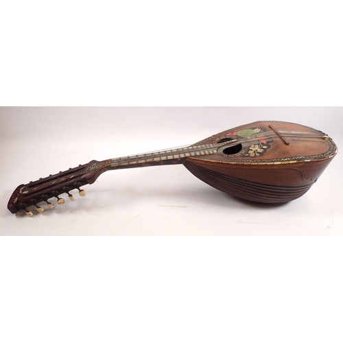 795 - A 19th century twelve string mandolin with a mother of pearl and abalone fingerboard, fluted rosewoo... 