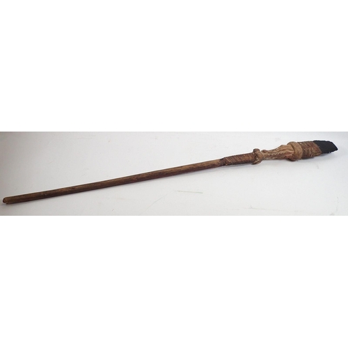 797 - An old African wooden spear with flint blade and carved crocodile head motif, 82cm