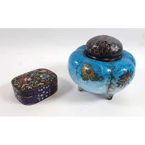 798 - A Japanese enamel lobed pot pourri with white metal lid - a/f and a cloisonne enamel box - a/f