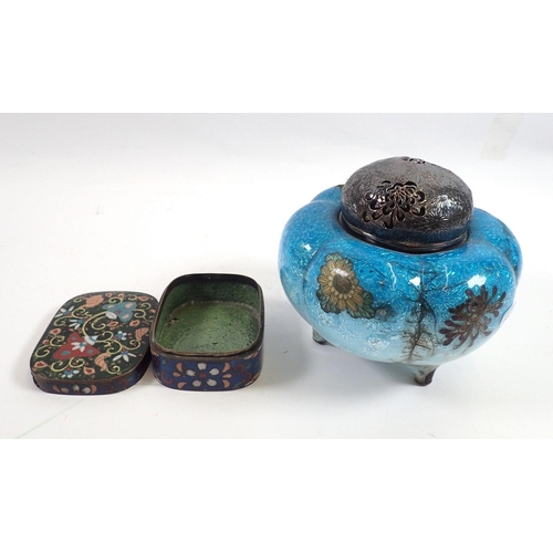 798 - A Japanese enamel lobed pot pourri with white metal lid - a/f and a cloisonne enamel box - a/f