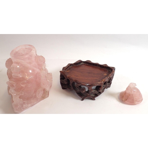 799 - A Chinese rose quartz casket with peacocks and foliage on wooden stand, 21cm