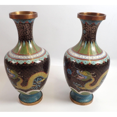 800 - A pair of Japanese cloisonne vases decorated dragons, 24cm