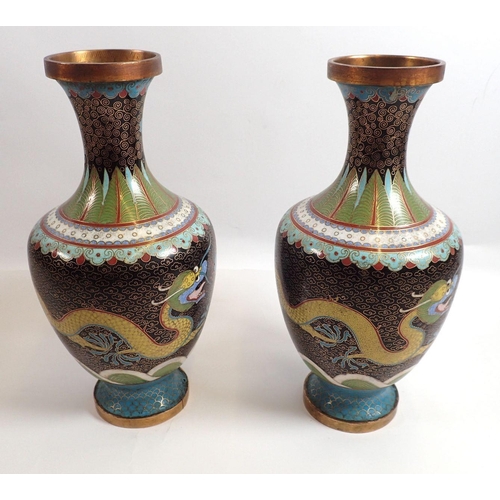 800 - A pair of Japanese cloisonne vases decorated dragons, 24cm