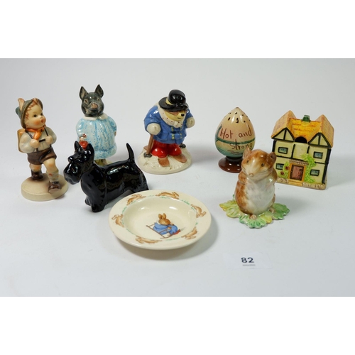 82 - A group of figures including Beswick Beatrix Potter Pig Wig, Timmy Willie, a Beswick dog, Hummel Boy... 