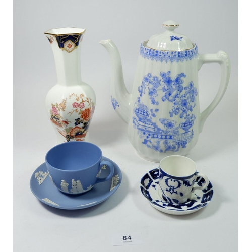 84 - A Wedgwood vase, a blue and white coffee pot and a cup and saucer, Wedgwood Jasperware etc.