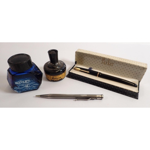 842 - A Parker Junior ink pen, boxed with 14 carat gold nib and a 'Yard o Led' silver pencil plus two pots... 