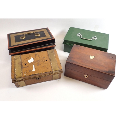 853 - Three old cash tins and a Victorian wooden box, largest 22cm long