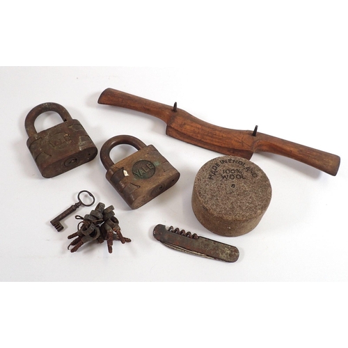 854 - Two antique Yale padlocks, spokeshave etc.