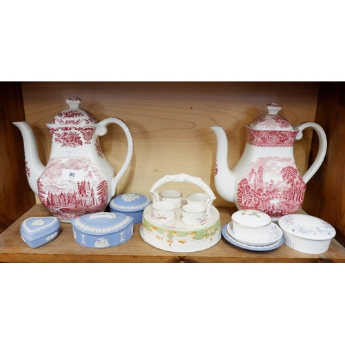 86 - Two Enoch Wood coffee pots, various Wedgwood Jasperware etc. and a Victorian egg cup stand