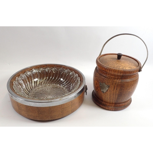 860 - A Ryecraft oak and chrome fruit bowl and a biscuit barrel