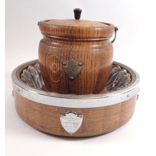 860 - A Ryecraft oak and chrome fruit bowl and a biscuit barrel