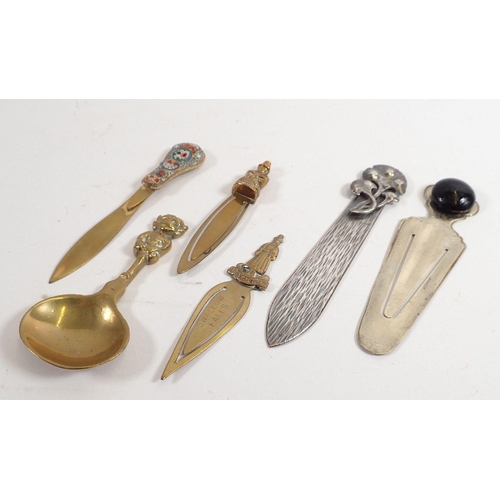 864 - A brass and micromosaic bookmark, 10cm two other brass bookmarks, a pewter one etc.