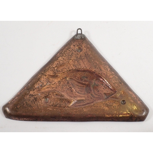 868 - A Newlyn Arts & Crafts copper triangular pin tray embossed fish, stamped mark, 11.5cm