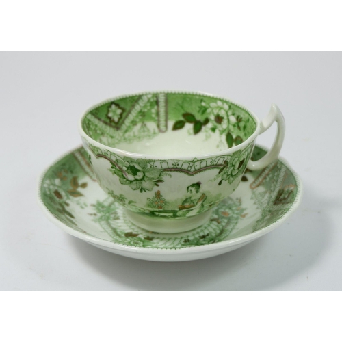 87 - A set of nine Victorian cups and saucers, green printed classical woman in a landscape