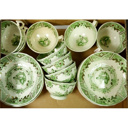 87 - A set of nine Victorian cups and saucers, green printed classical woman in a landscape