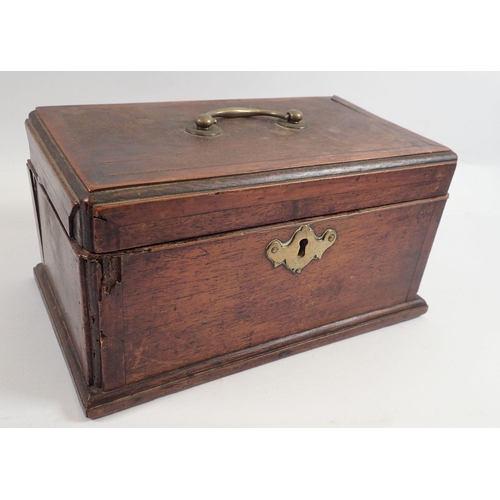 906 - A Georgian mahogany rectangular tea caddy with brass handle and escutchecon fitted metal caddies and... 