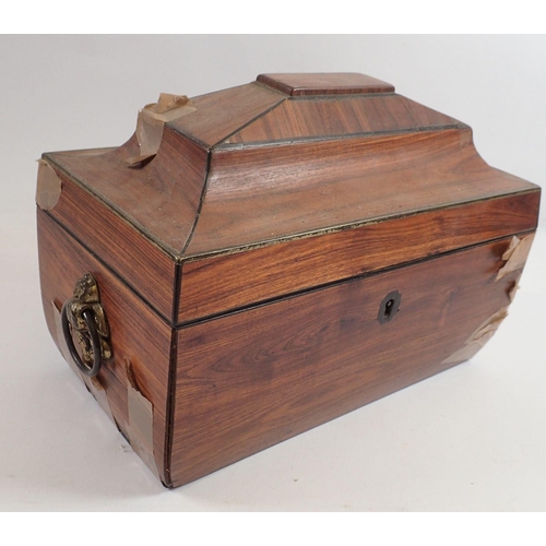 910 - A 19th century rosewood sarcophagus form tea caddy with ebony stringing and escutcheon, two caddies ... 