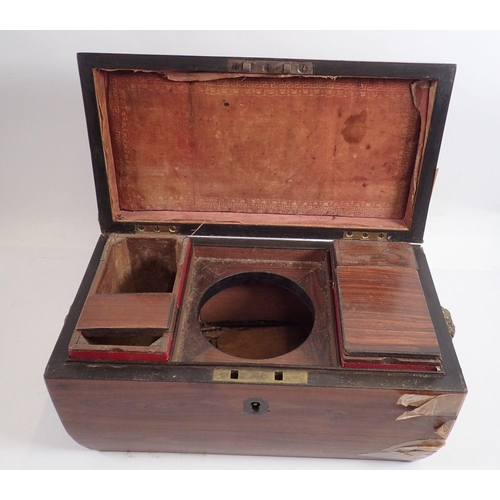 910 - A 19th century rosewood sarcophagus form tea caddy with ebony stringing and escutcheon, two caddies ... 