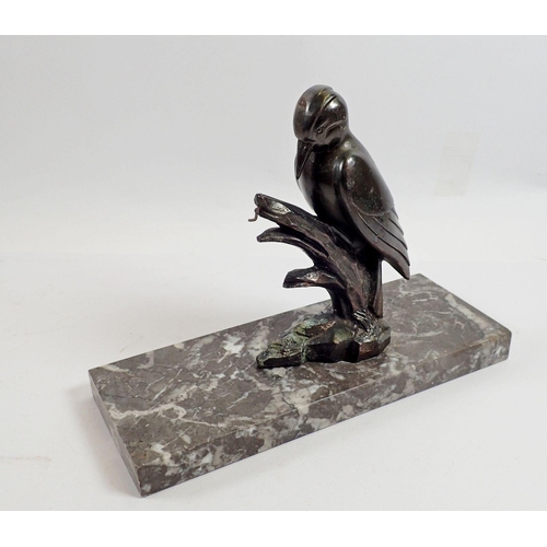 948 - An Art Deco bronze woodpecker pocket watch stand on marble base, small hook for watch is a/f 15cm