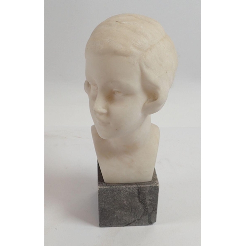 953 - A carved marble bust of a young girl signed F Boyer, 18cm