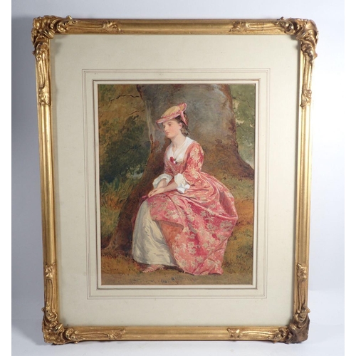 956 - A fine Victorian watercolour portrait of a young woman in woodland, monogrammed G K, 34 x 26cm