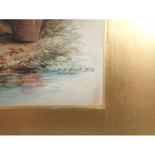 957 - W E Frost - watercolour of a young girl with water jug reading a letter by a river, signed and dated... 