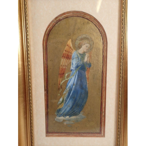 983 - A watercolour of an angel painted against a gold ground, 25 x 12cm