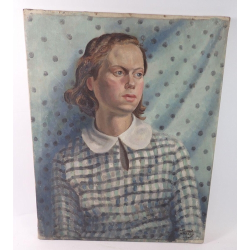 987 - B Fleetwood Walker - oil on canvas portrait of a girl in blue checked dress, 51 x 41cm, signed and d... 