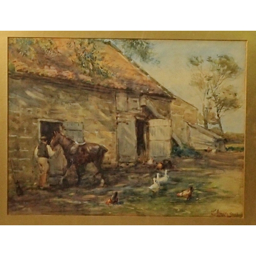 997 - John Atkinson (1863-1924) - watercolour farmyard scene with horse and stable, 24 x 32cm