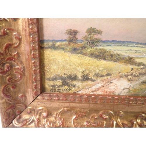 999 - G S Dixon - oil on board landscape with sheep, 33 x 17cm