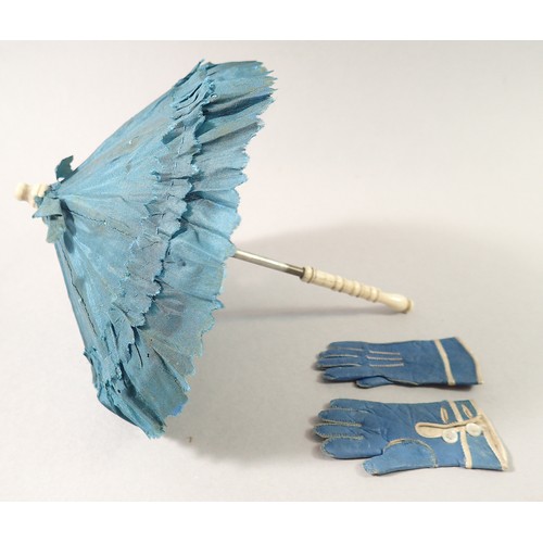 811 - A Victorian bone handled doll's parasol, 17cm and pair of blue leather dolls gloves, 7cm long