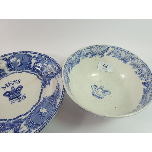 98 - A Victorian Royal Navy blue and white mess plate and bowl 'young head'