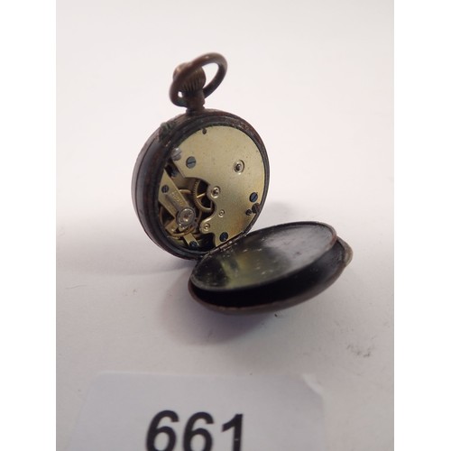 661 - An early  WWI gun metal trench fob watch with black dial and leather military wrist strap