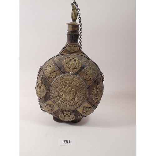 783 - An antique continental brass mounted wooden pilgrims flask, 29cm