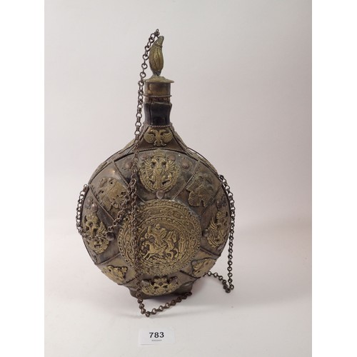 783 - An antique continental brass mounted wooden pilgrims flask, 29cm