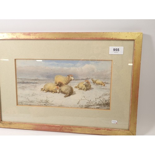 955 - Thomas Sydney Cooper - watercolour sheep in the snow, signed and dated 1862, 29 x 15cm