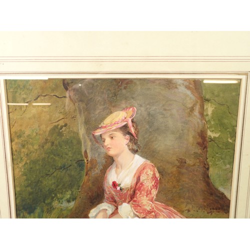 956 - A fine Victorian watercolour portrait of a young woman in woodland, monogrammed G K, 34 x 26cm