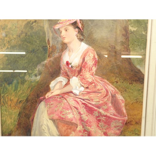 956 - A fine Victorian watercolour portrait of a young woman in woodland, monogrammed G K, 34 x 26cm