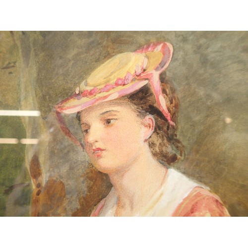 956 - A fine Victorian watercolour portrait of a young woman in woodland, monogrammed G K, 34 x 26cm