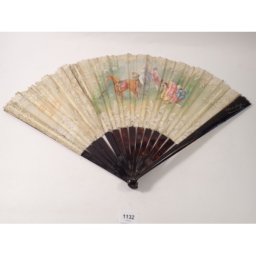 1132 - A tortoiseshell silk and lace fan painted ladies and huntsmen with horses in landscape, with Liberty... 