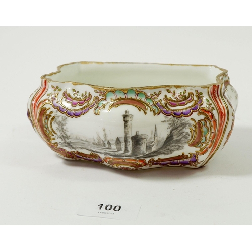 100 - A continental bowl with grisaille landscape and enamelled scrollwork, possibly Sampson, 17cm wide