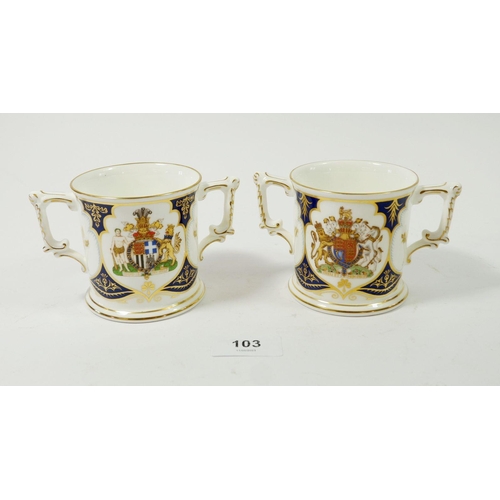 103 - Two Royal Crown Derby commemorative mugs commissioned by Goviers of Sidmouth to commemorate 70th & 7... 