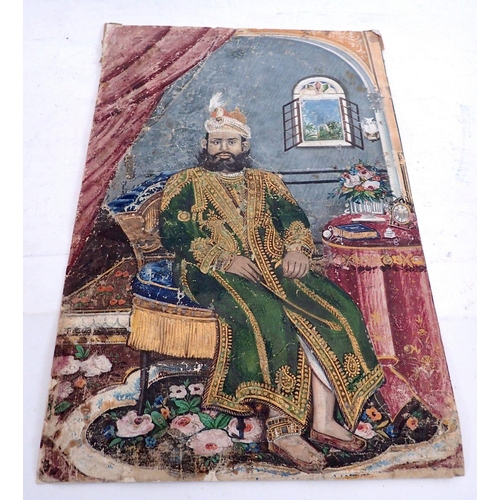 1057 - An Indian watercolour and gilt portrait of Maharaja seated in his robes, unframed, 33 x 22cm