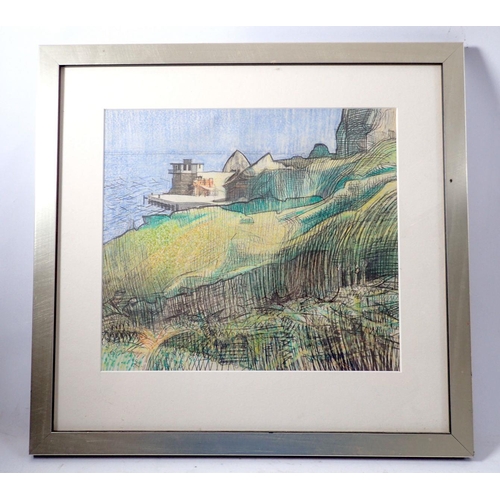 1062 - A pencil and wash sketch of a coastal scene with old pill box , 27 x 30cm