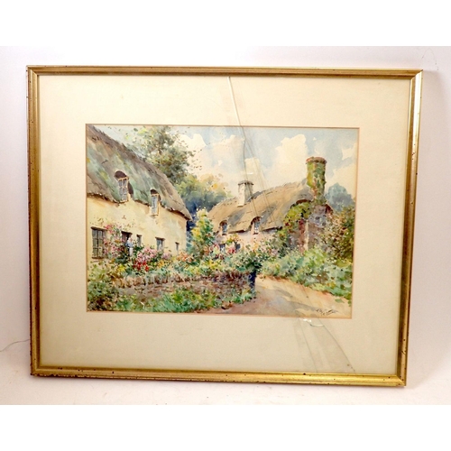 1064 - Francis George Trott - watercolour cottage gardens, 25 x 35cm, glass a/f