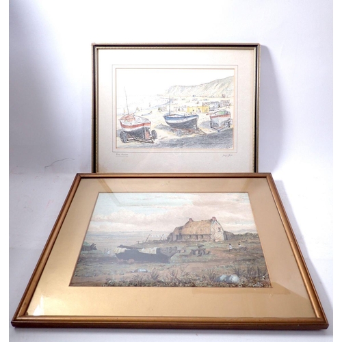 1066 - A 19th century watercolour coastal scene with thatched cottage, 23 x 32cm plus a pen and ink of West... 