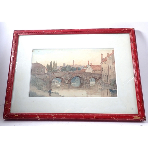 1068 - Walter Freyer Stocks - watercolour river scene with bridge, 33 x 20cm