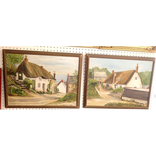 1071 - A pair of naive oil on canvas Cornish Street scenes, one of Cadgwith, 30 x 40cm