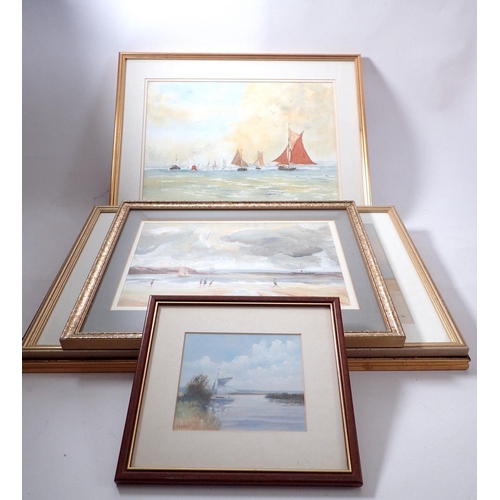 1073 - Four various watercolours sailing boats including one of sailing barges on the Thames plus one small... 