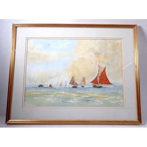 1073 - Four various watercolours sailing boats including one of sailing barges on the Thames plus one small... 